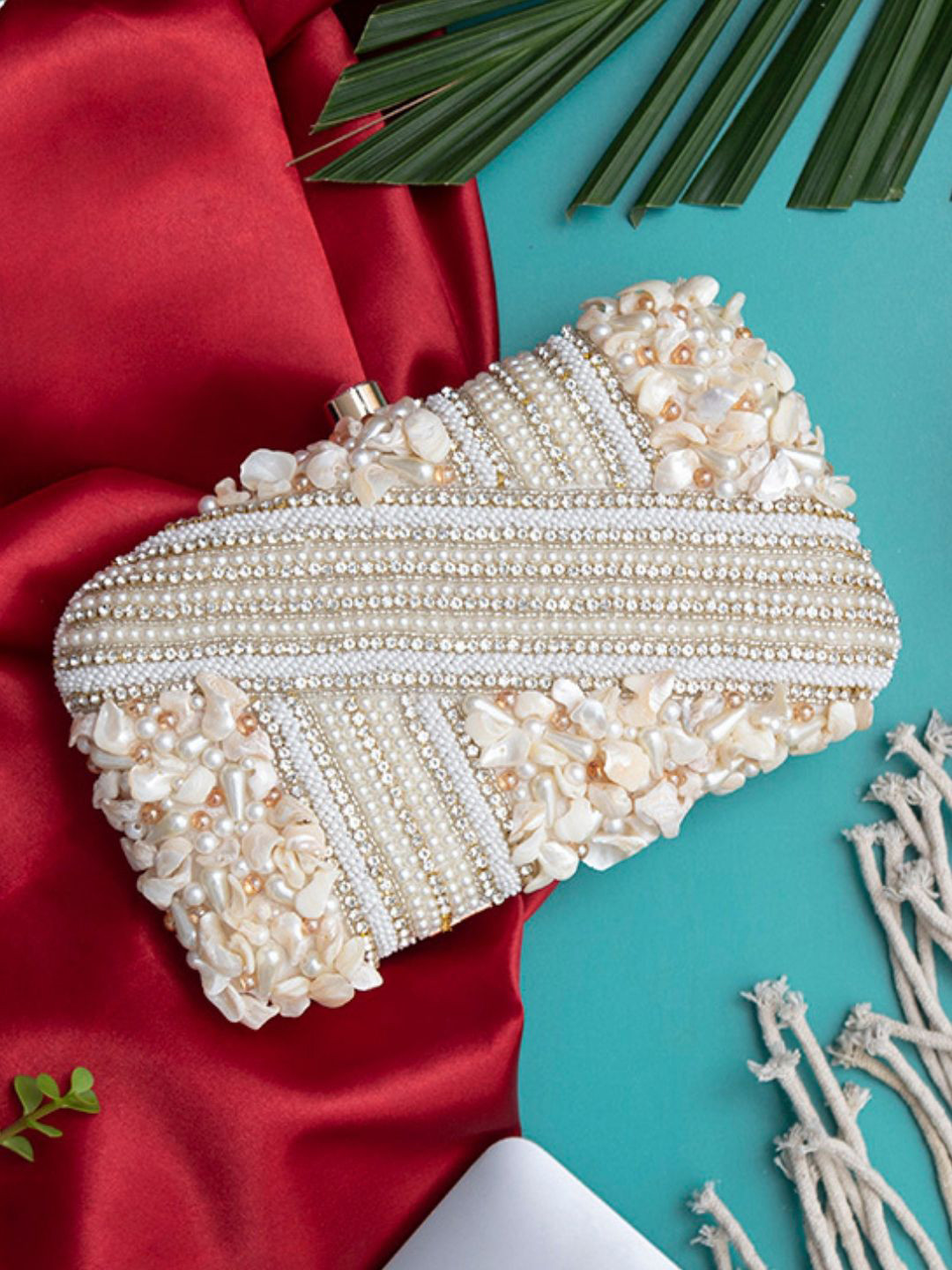 THE TAN CLAN Saliha Embroidered Pearls Beaded Box Clutch