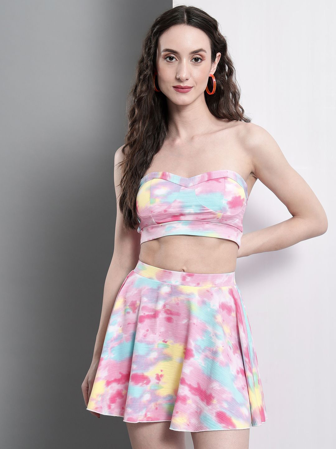 TANDUL Tie and Dye Strapless Crop Top With Skirt