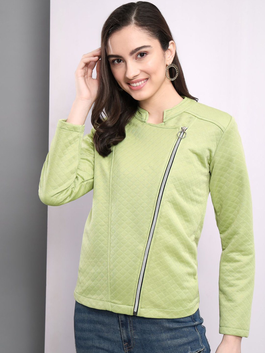 TANDUL Geometric Checked Mandarin Collar Lightweight Biker Jacket