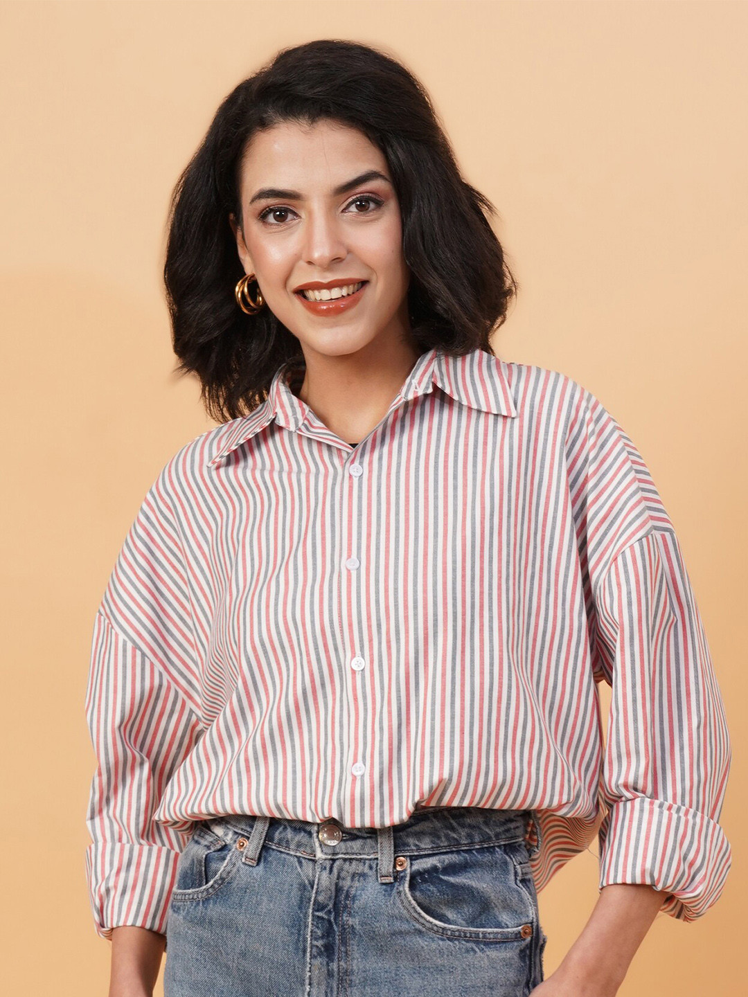 Kotty Vertical Stripes Drop-Shoulder Sleeves Longline Casual Shirt