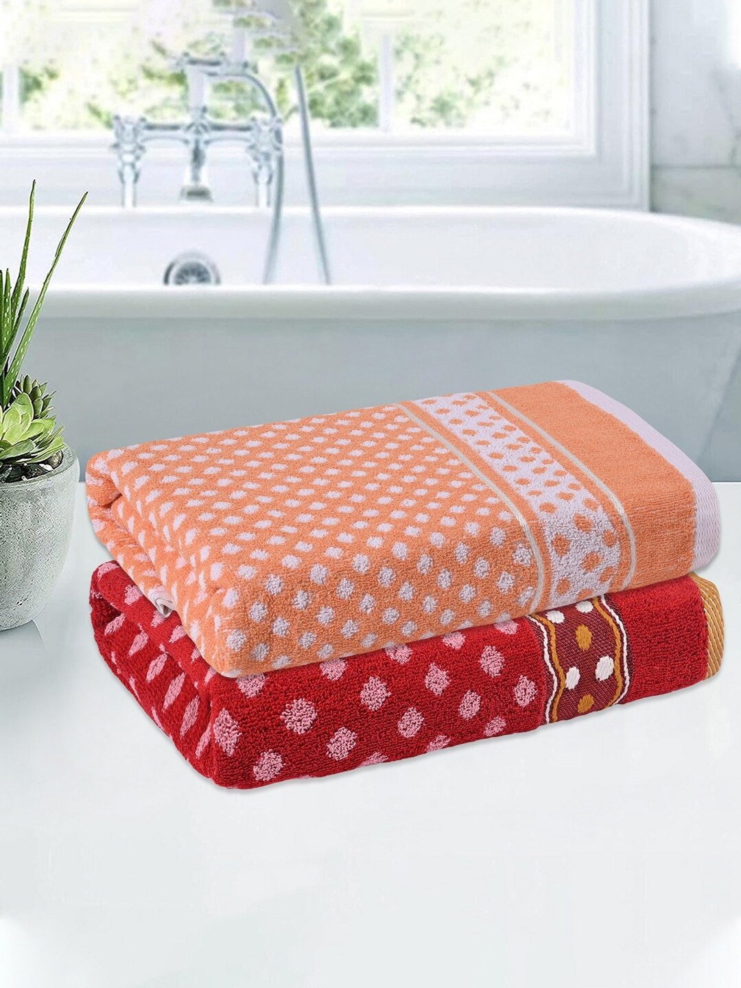 Kuber Industries Red & Orange 2 Pieces Printed Cotton 150 GSM Bath Towels