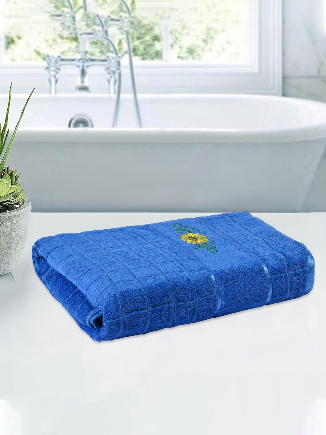Kuber Industries Blue & Yellow Embroidery Cotton 144 GSM Bath Towel