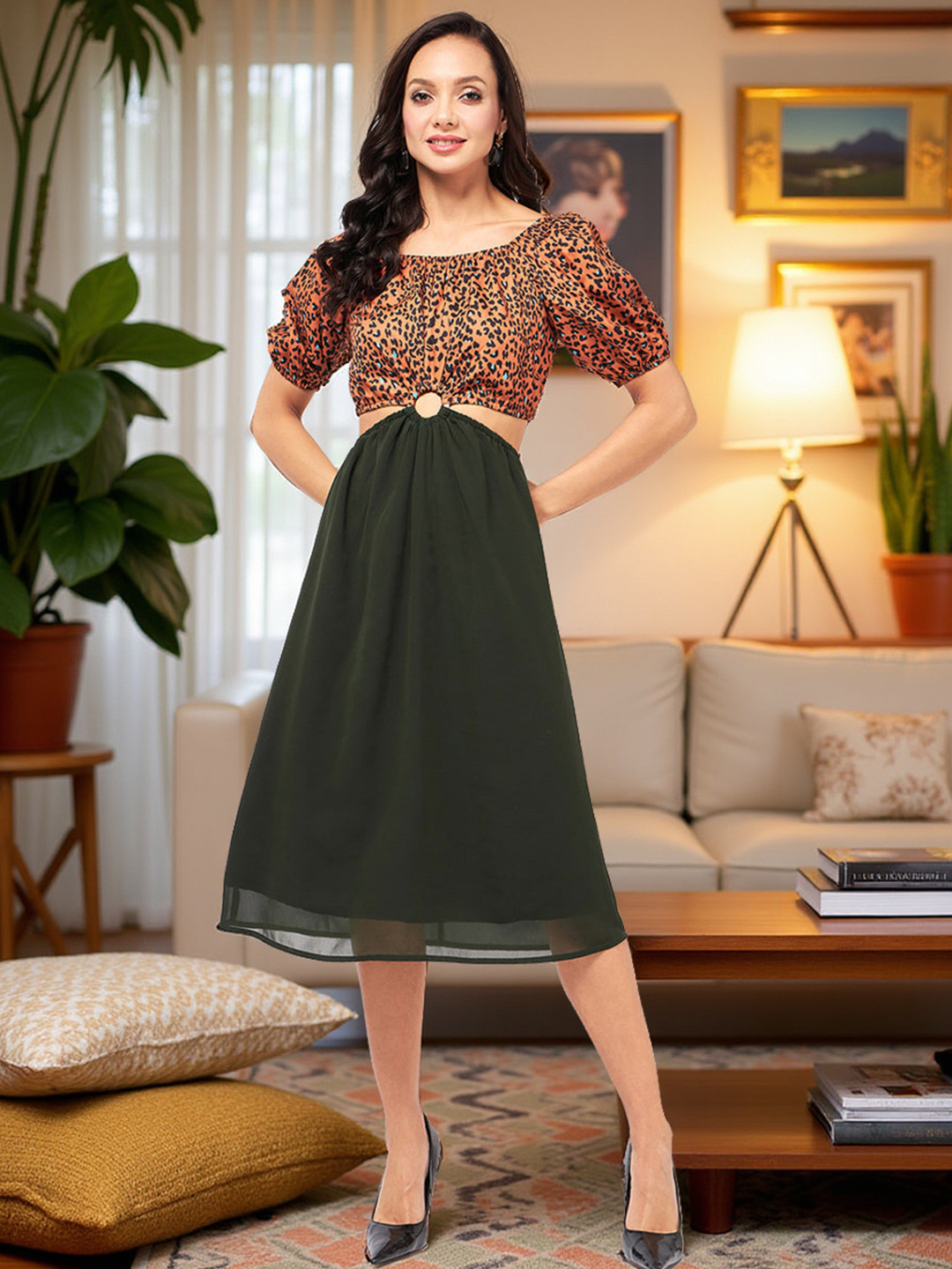 Zima Leto Animal Printed Puff Sleeves Cut-Outs Crepe Midi A-Line Dress