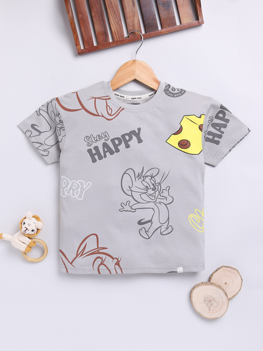 Happy Faces Boys Tom & Jerry Print Drop-Shoulder Sleeves Pure Cotton Regular Fit Regular Fit T-shirt