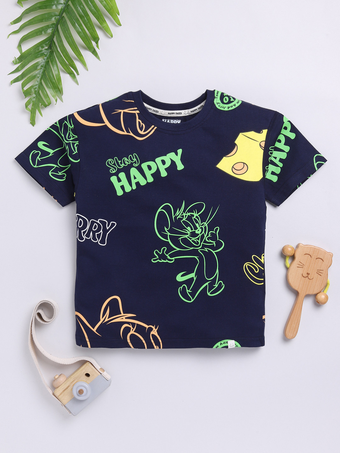 Happy Faces Boys Tom & Jerry Print Drop-Shoulder Sleeves Pure Cotton Regular Fit Regular Fit T-shirt