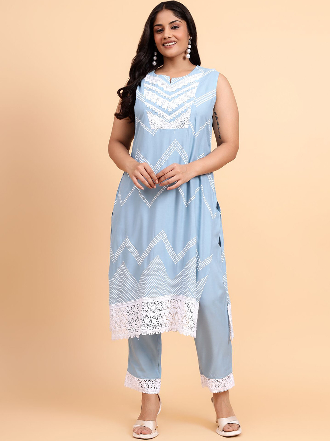 Bani Women Plus Embroidered Chevron Printed Lace Liva Kurta With Trousers & Dupatta