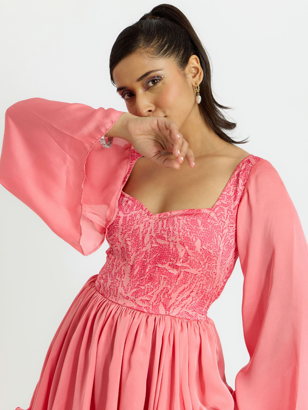 Alaya By Stage Sweetheart Neck Flared Sleeve Fit and Flare Dress