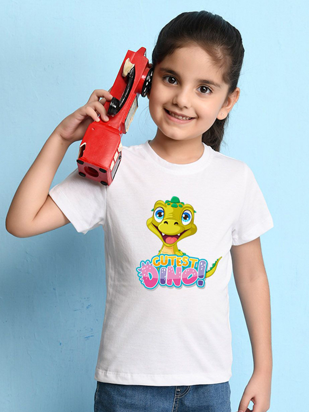 NUSYL Girls Text & Dinosaur Printed Round Neck Casual T-shirt