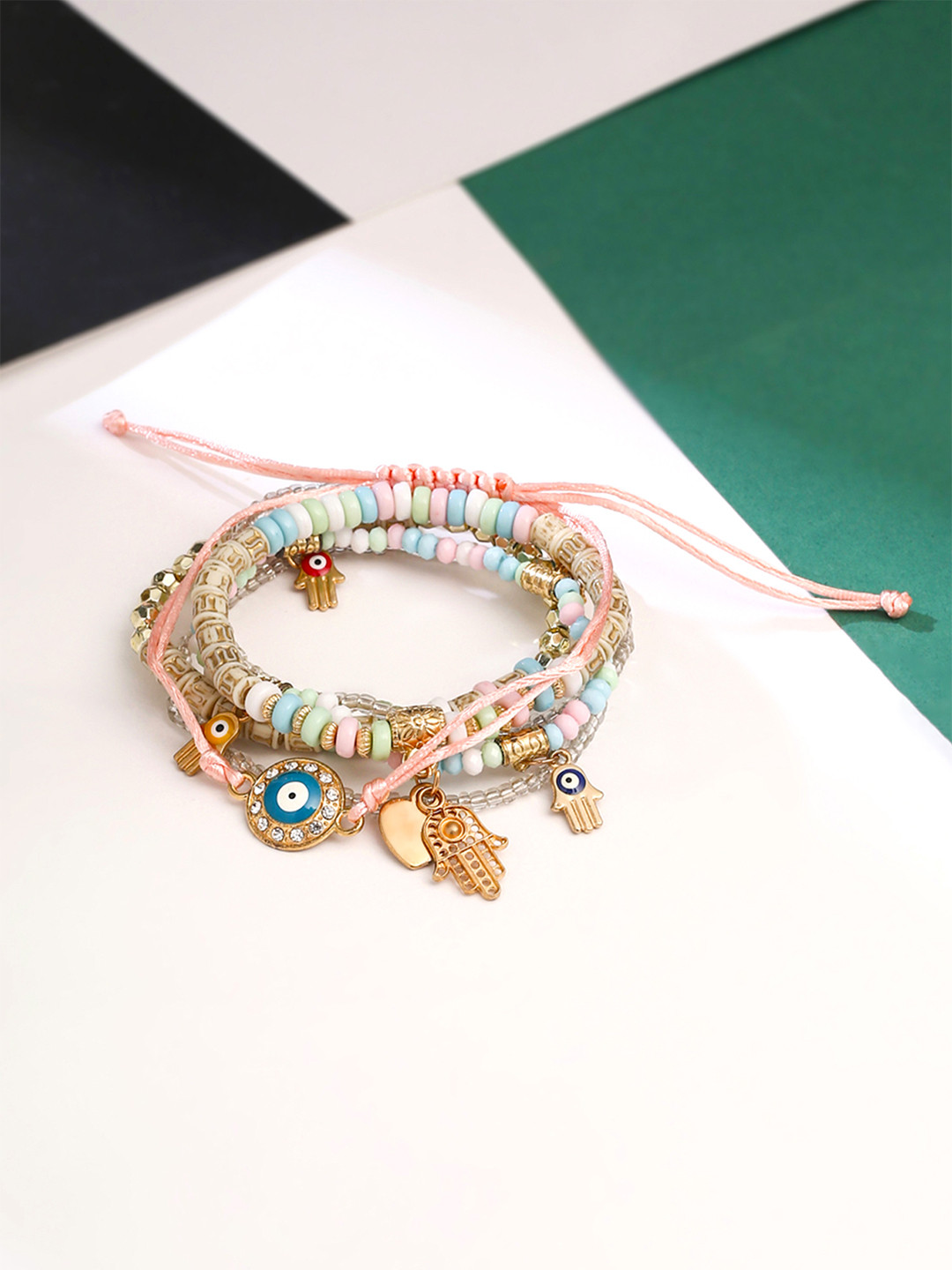 Yellow Chimes Vistelle Set of 5 Gold-Plated & Beaded Evil Eye Multistrand Bracelet