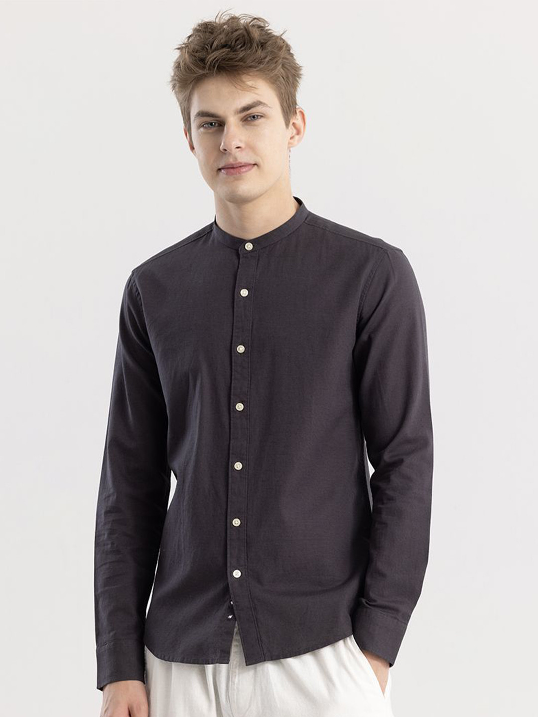 Snitch Grey Straight Slim Fit Mandarin Collar Casual Shirt