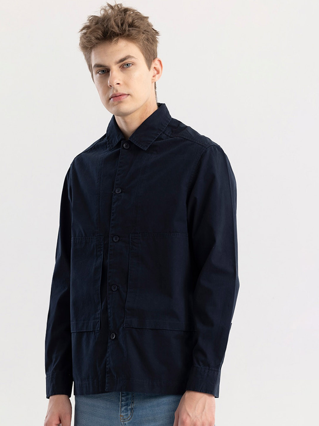 Snitch Navy Blue Spread Collar Pure Cotton Shoulder Tabs Tailored Jacket