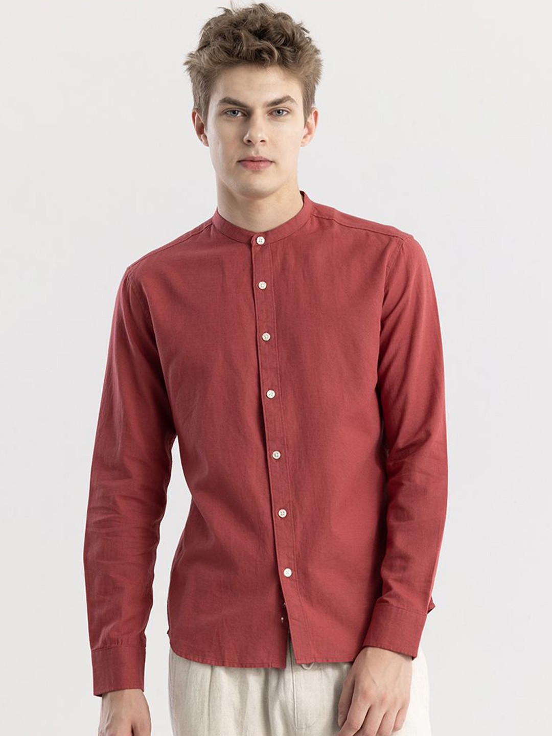 Snitch Red Straight Slim Fit Mandarin Collar Linen Cotton Casual Shirt