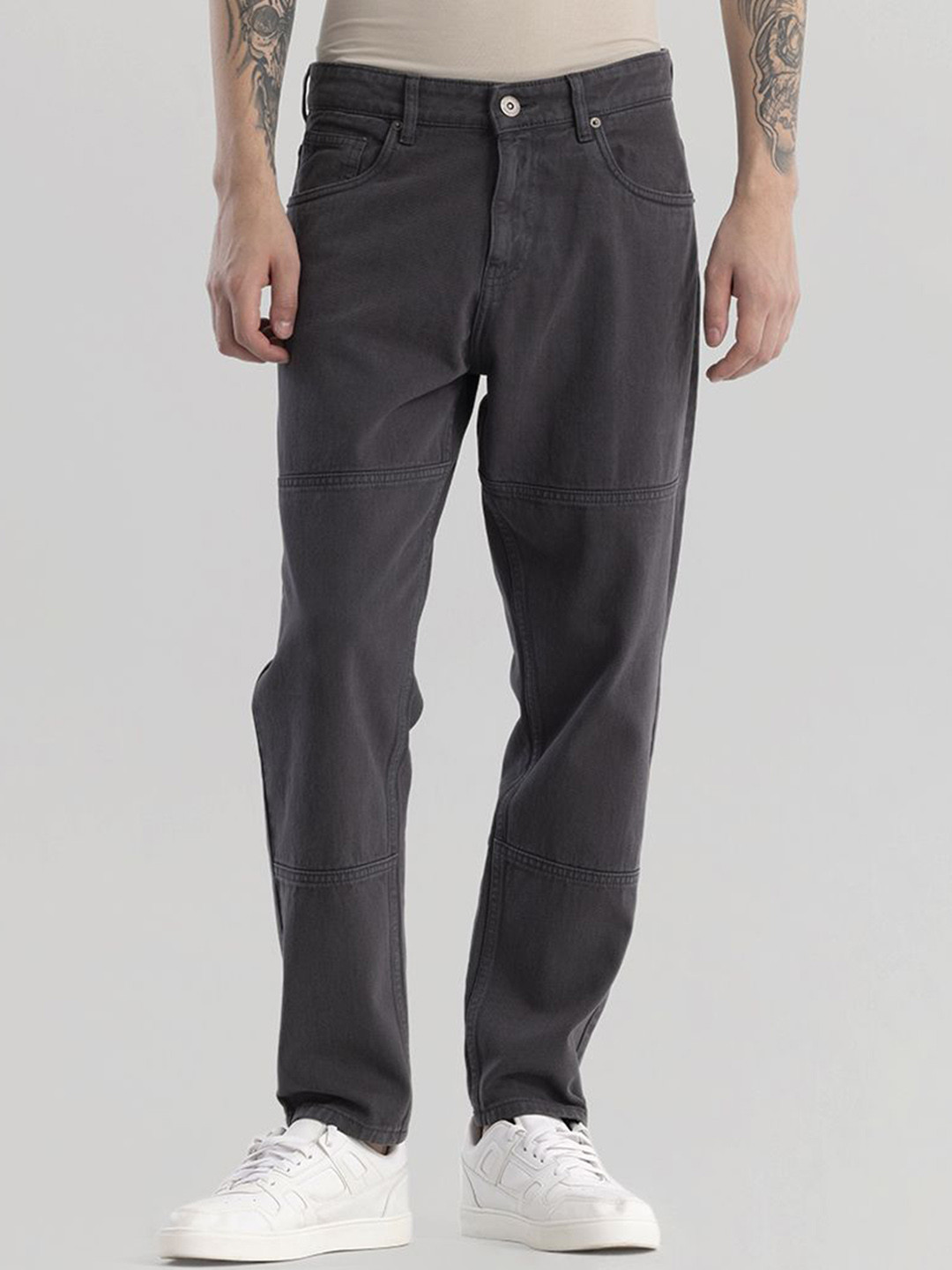 Snitch Men Charcoal Grey Jean Relaxed Fit Mid-Rise Clean Look Stretchable Jeans