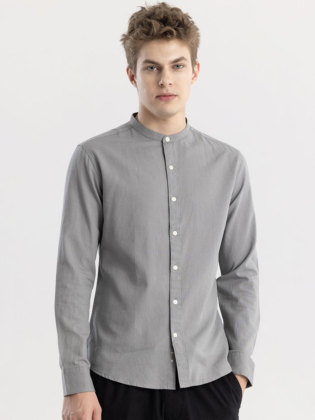 Snitch Grey Straight Slim Fit Mandarin Collar Linen Cotton Casual Shirt