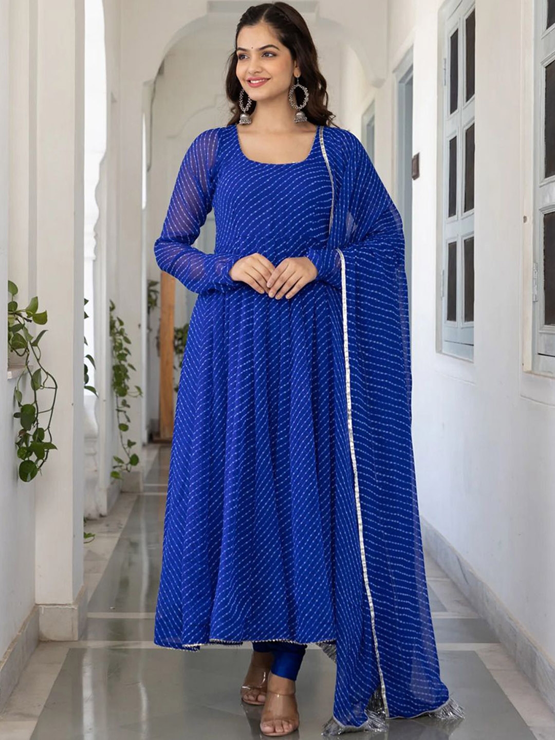 KALINI Striped Printed Round Neck Anarkali Kurta With Trousers & With Dupatta - Kurta Sets for Women 29840437 | Myntra