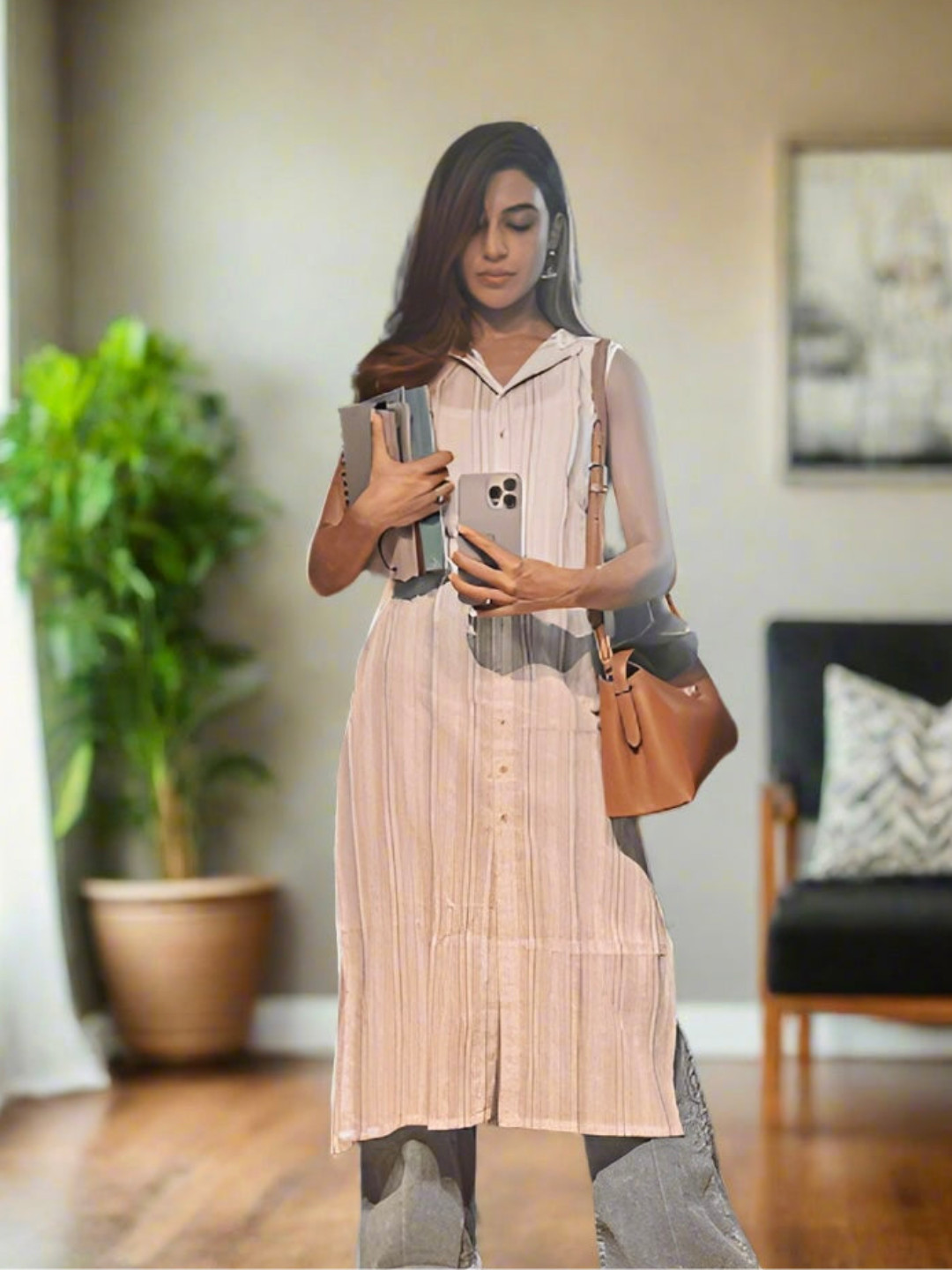 Saaki Mandarin Collar Sleeveless Striped Regular Straight Kurta with Trousers