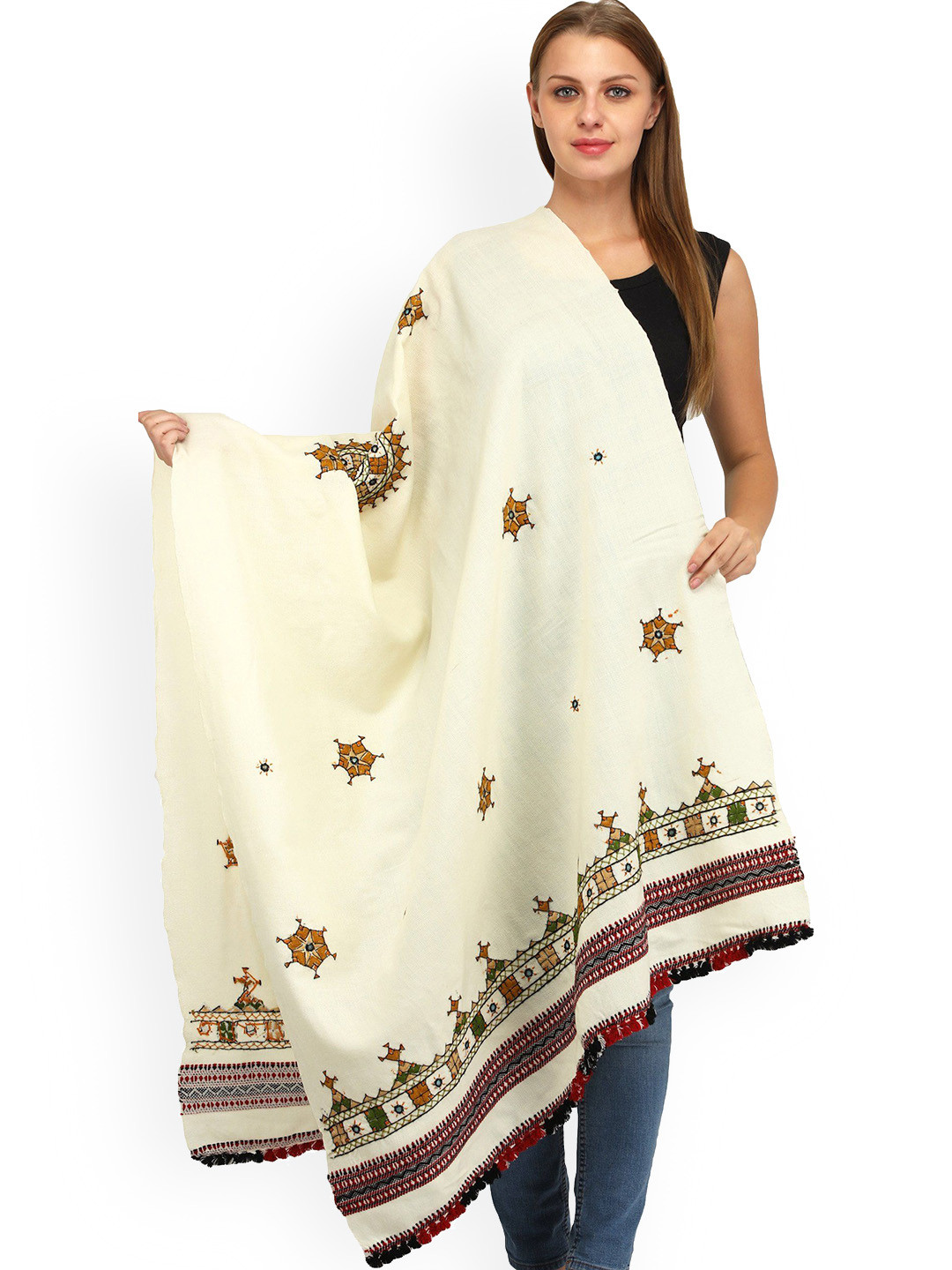 Exotic India Frozen Dew Shawl with Central Embroidered Chakra and Mirrors