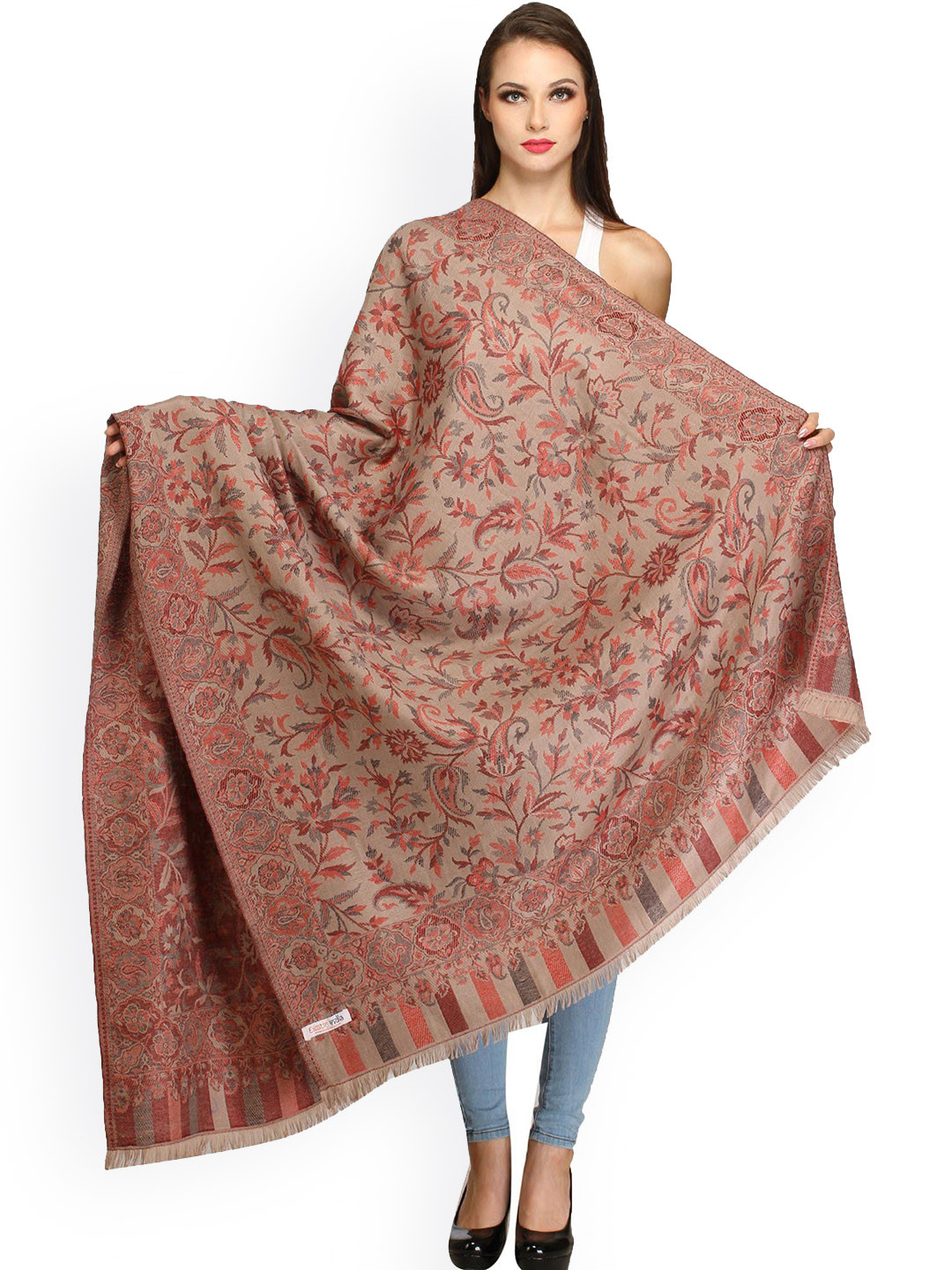 Exotic India Sandshell Reversible Woven Flowers Jamawar Wool Shawl