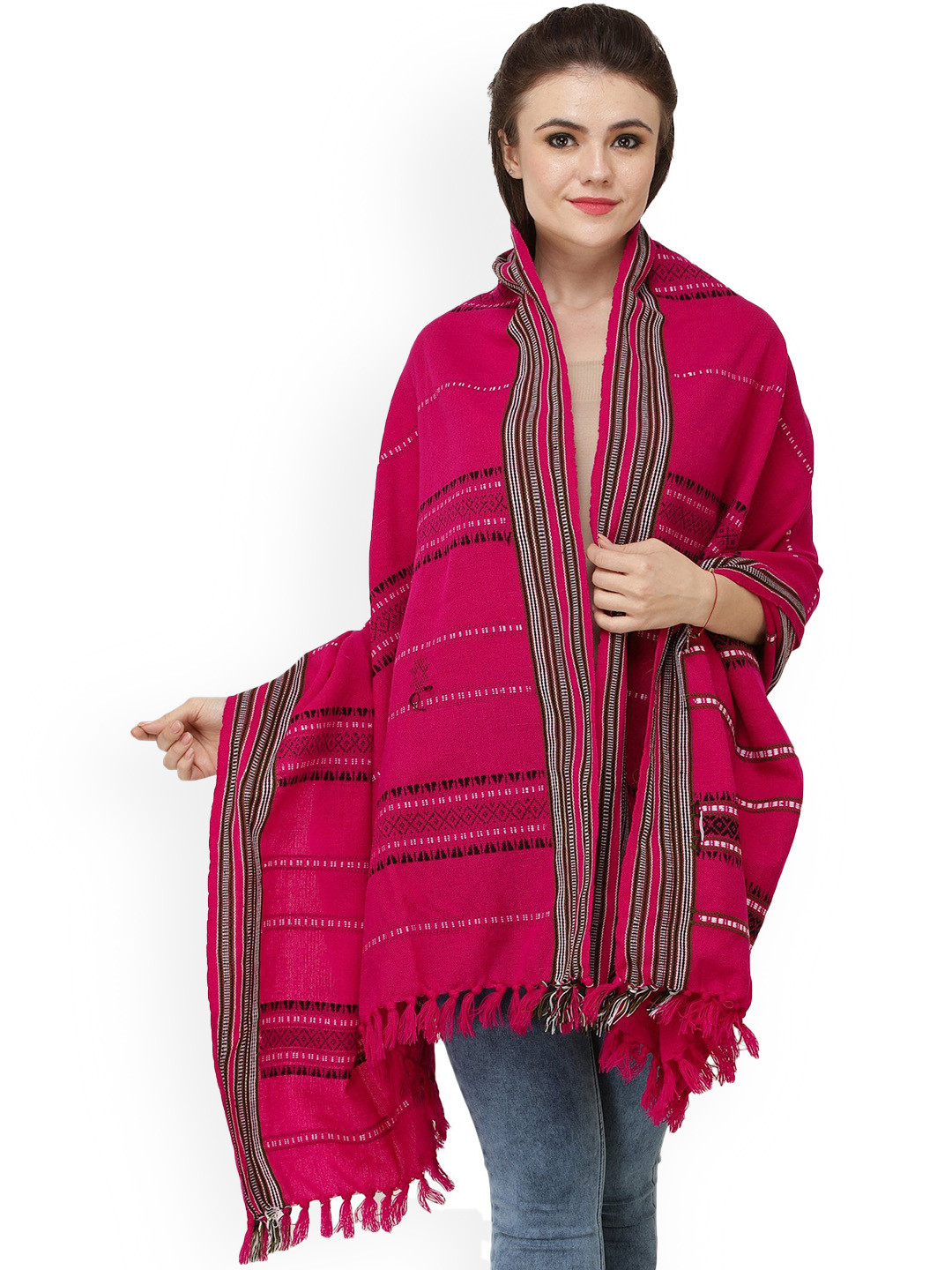 Exotic India Lilac Rose Woven Border and Thread Weave Wool Shawl