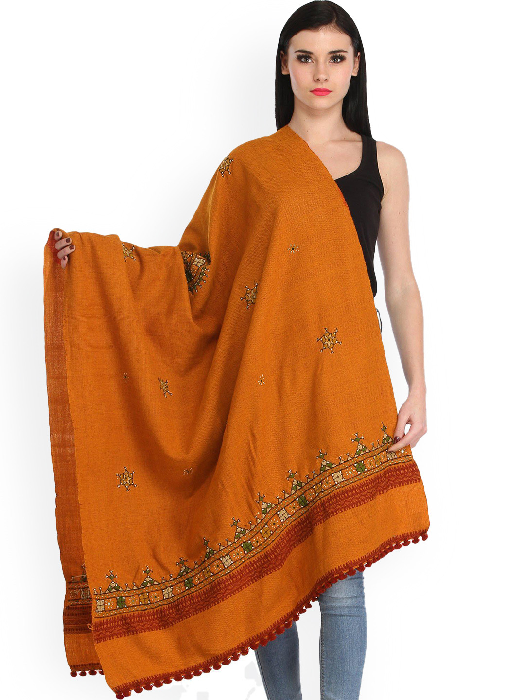 Exotic India Apricot Buff Shawl with Central Embroidered Chakra and Mirrors