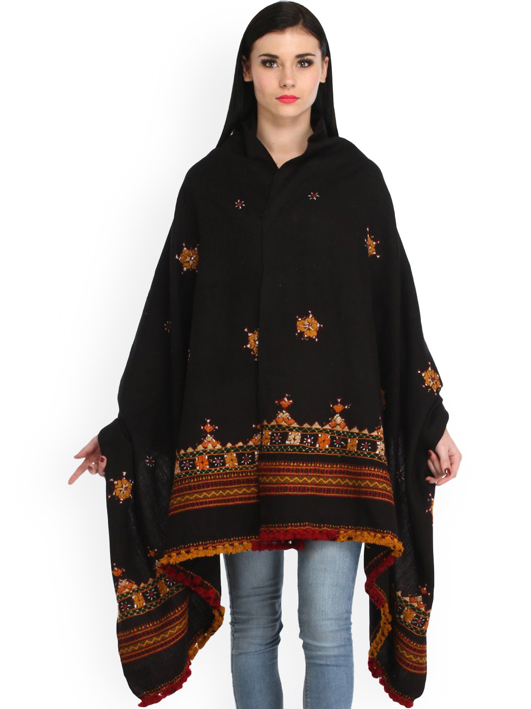 Exotic India Jet Black Shawl with Central Embroidered Chakra and Mirrors