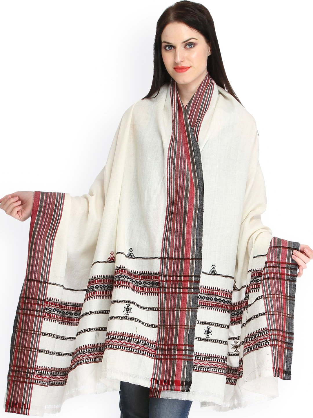 Exotic India Ivory Thread Weave on Border Pure Wool Shawl