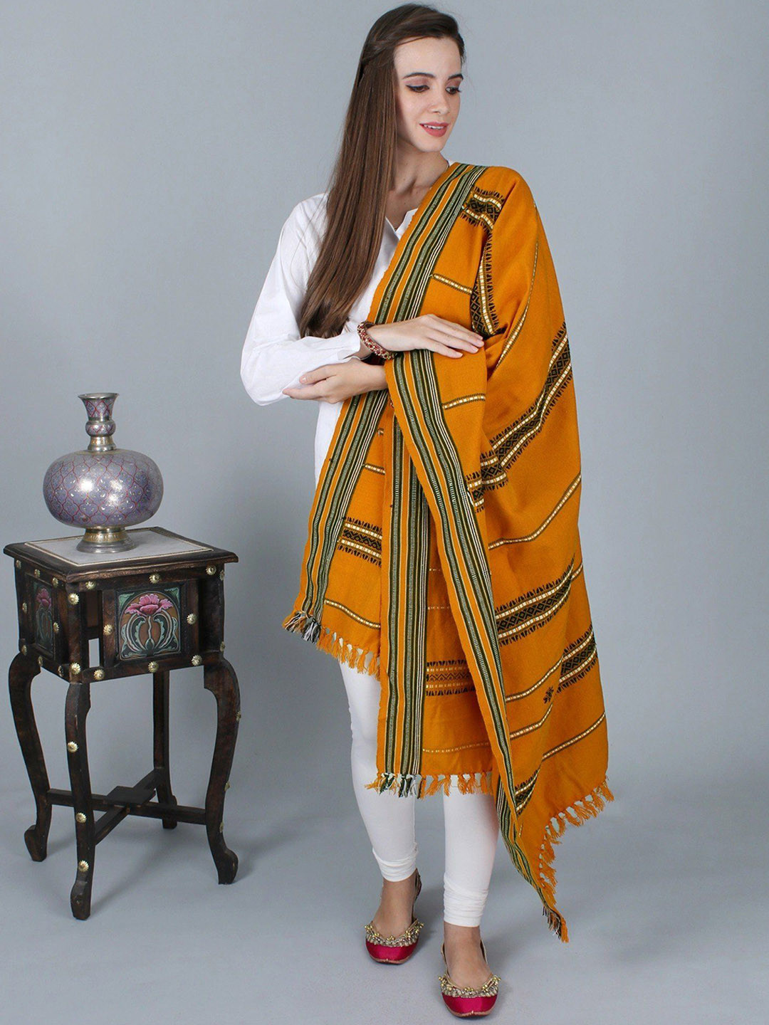 Exotic India Topaz Woven Border and Thread Weave Wool Shawl