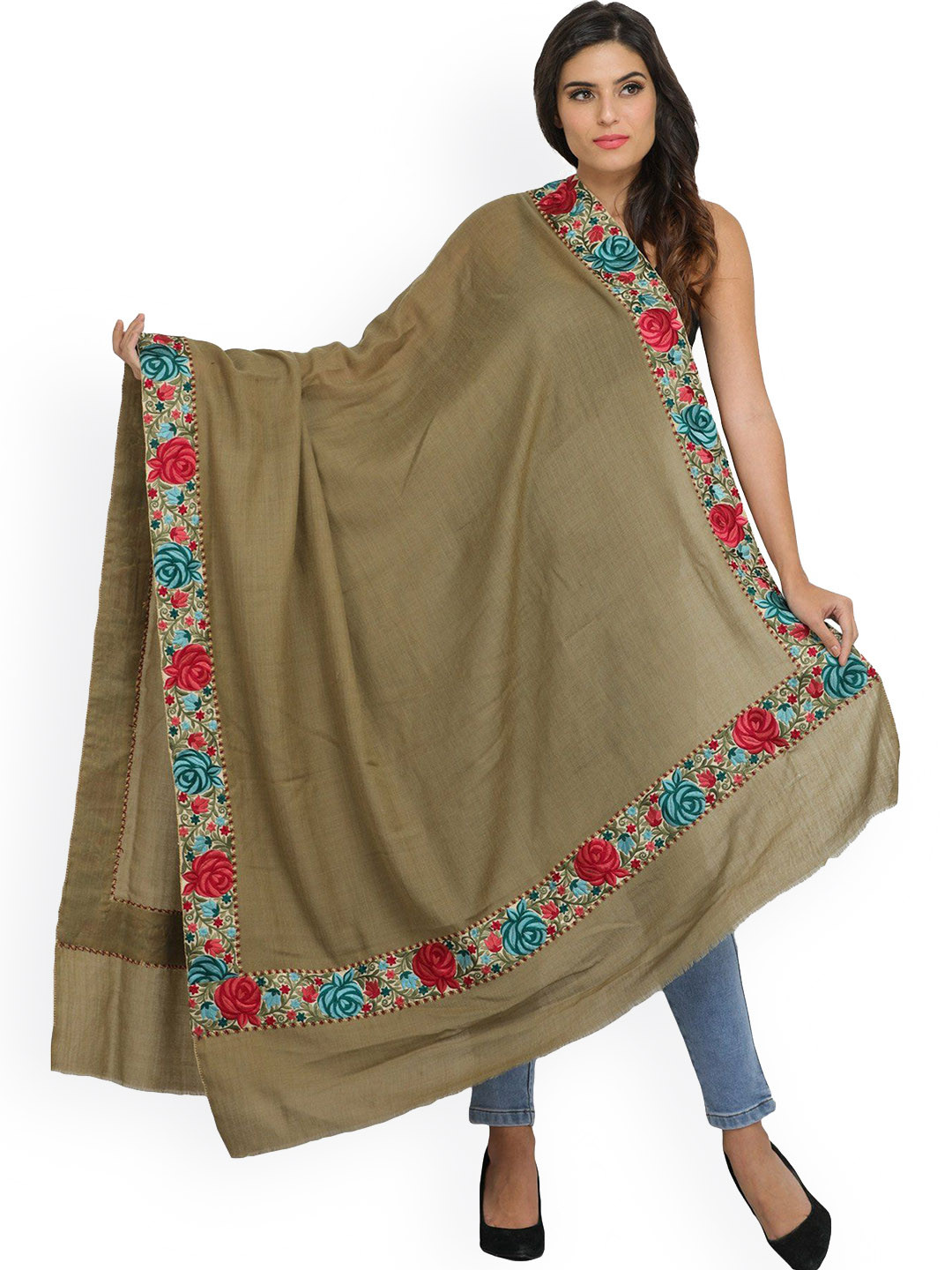 Exotic India Elmwood Parsi Floral Embroidered Patch Border Pure Wool Shawl