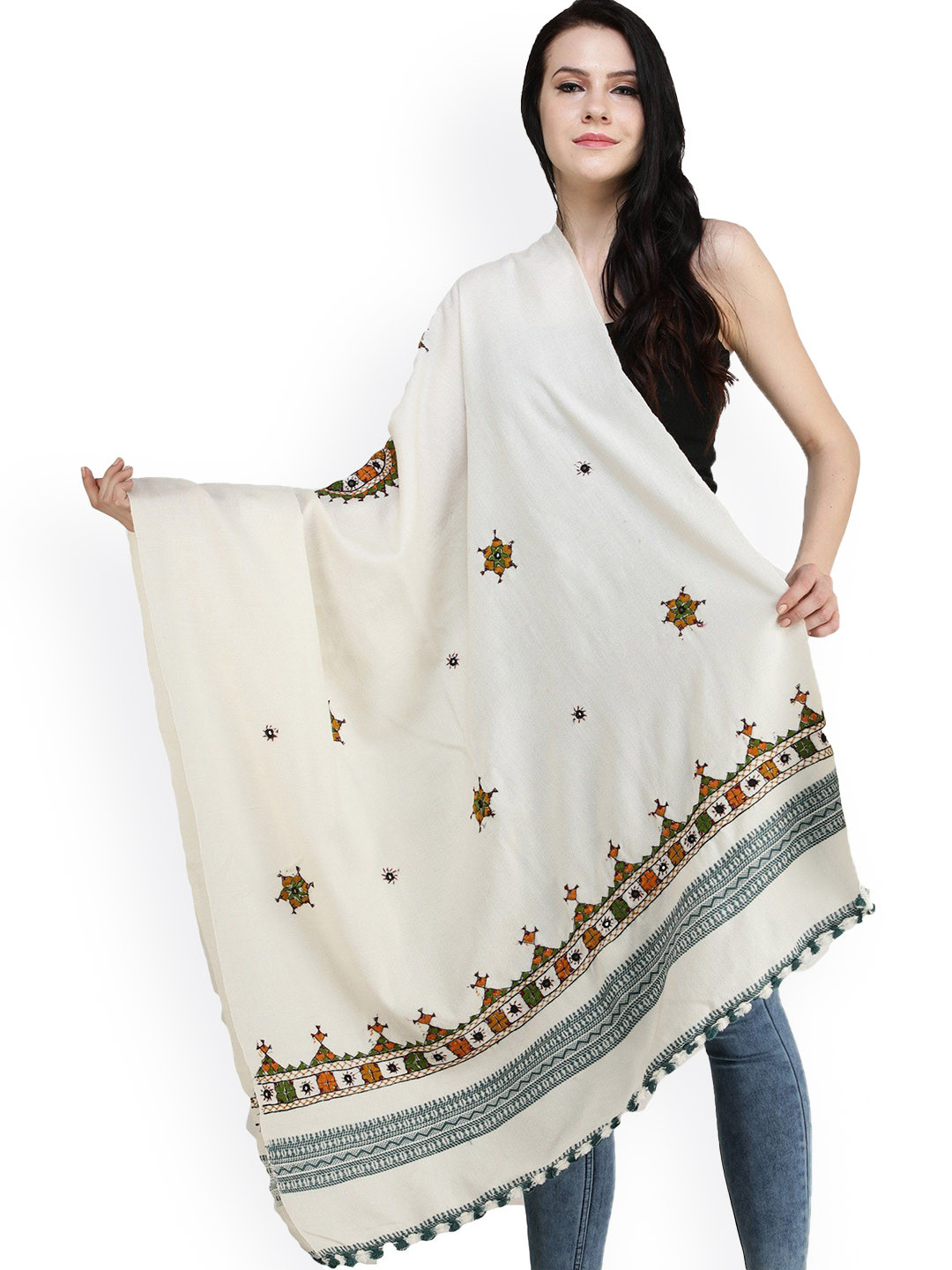 Exotic India Deep Jungle Shawl with Central Embroidered Chakra and Mirrors