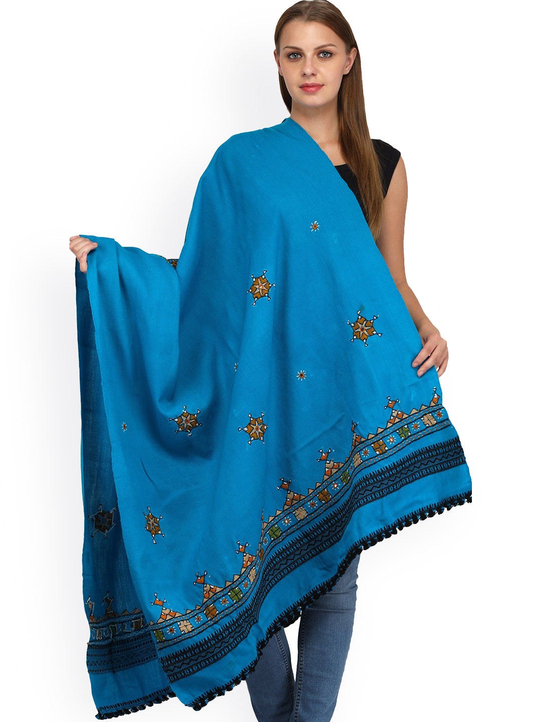 Exotic India Blue Jewel Shawl with Central Embroidered Chakra and Mirrors