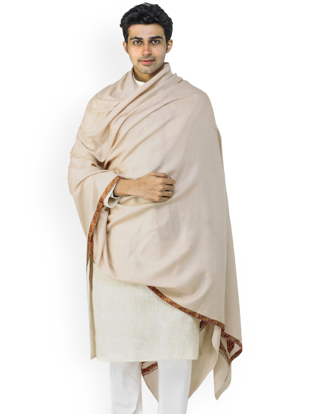 Exotic India Smoke Gray Men's Sozni Hand-Embroidery Border Kashmiri Tusha Shawl