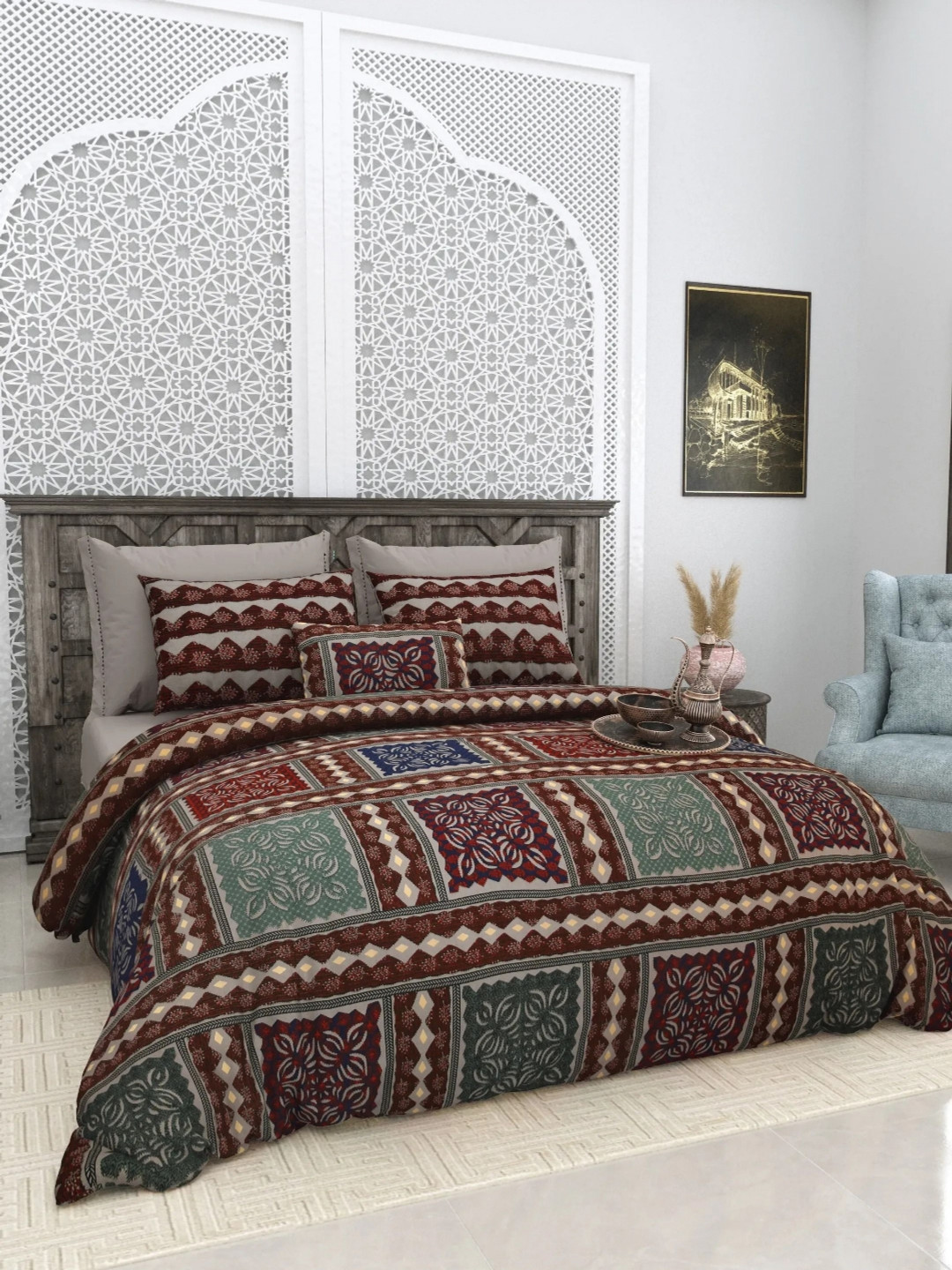 LIVING ROOTS Brown Geometric Pure Cotton Breathable 300 TC King Fine Bedsheet with 2 Pillow Covers-103 x 103 inches