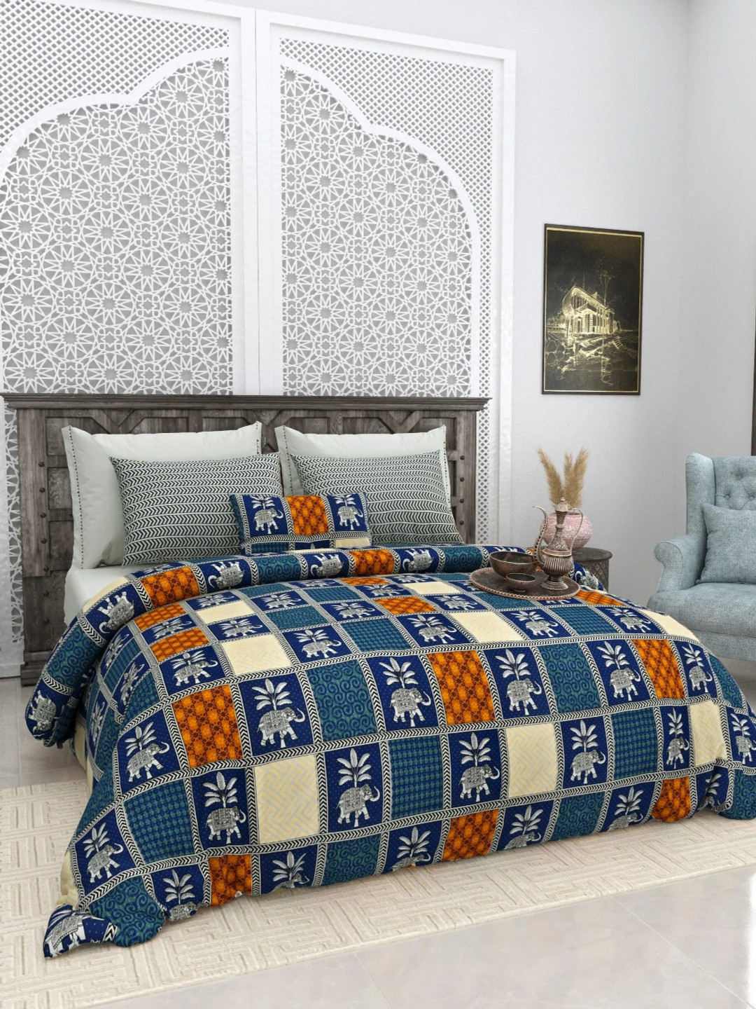 LIVING ROOTS Blue Ethnic Motifs Pure Cotton Breathable 300 TC King Fine Bedsheet with 2 Pillow Covers-262 x 262 cm