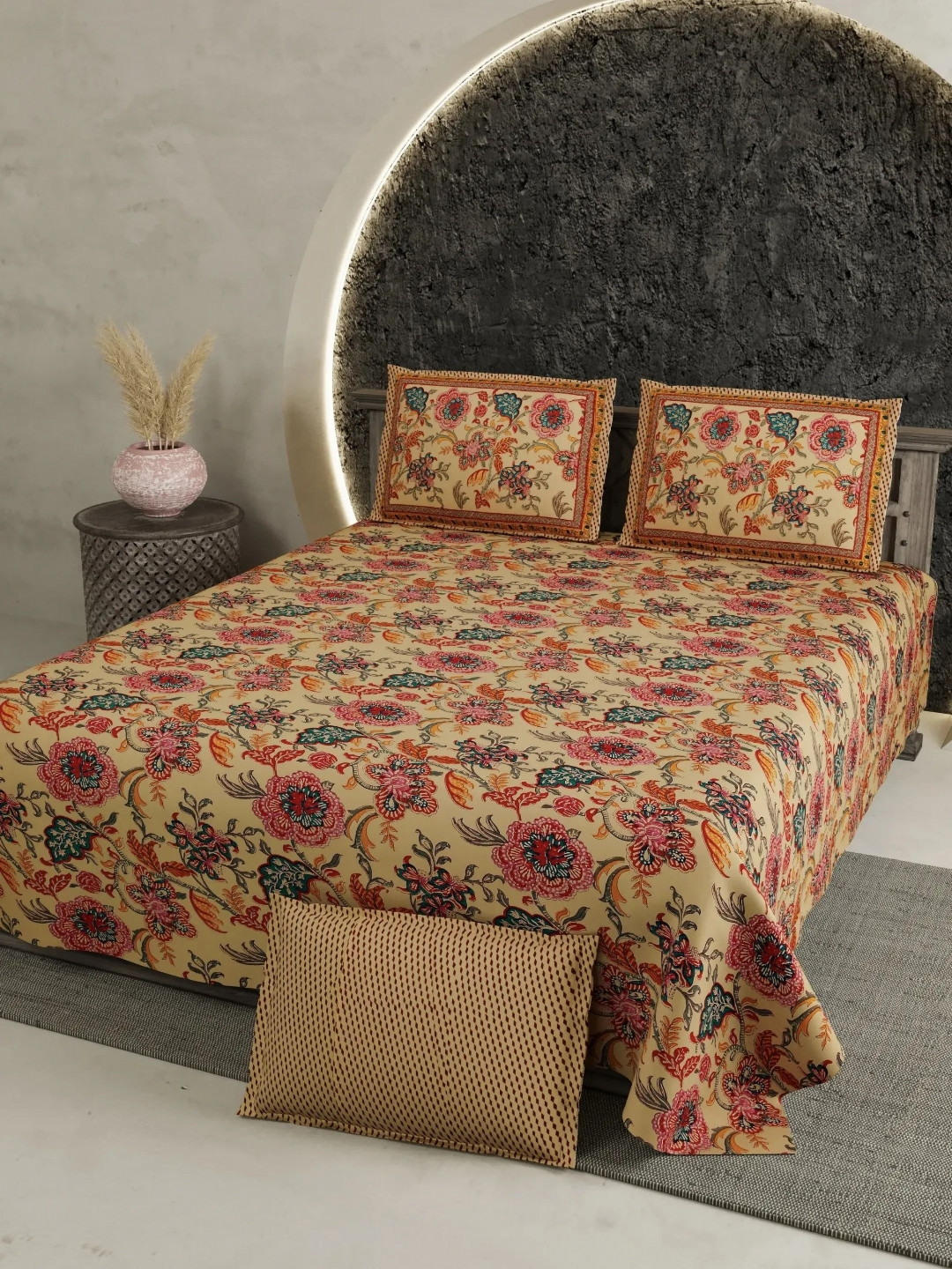 LIVING ROOTS Yellow Floral Cotton 300 TC Super King Fine Bedsheet with 2 Pillow Covers-103 x 103 inches