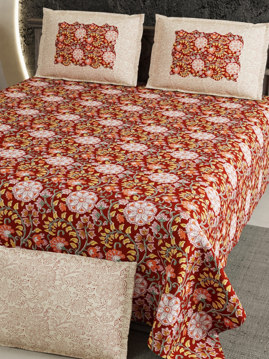 LIVING ROOTS Magnet Red Floral Pure Cotton 300 TC Super King Fine Bedsheet with 2 Pillow Covers-104 x 104 inches