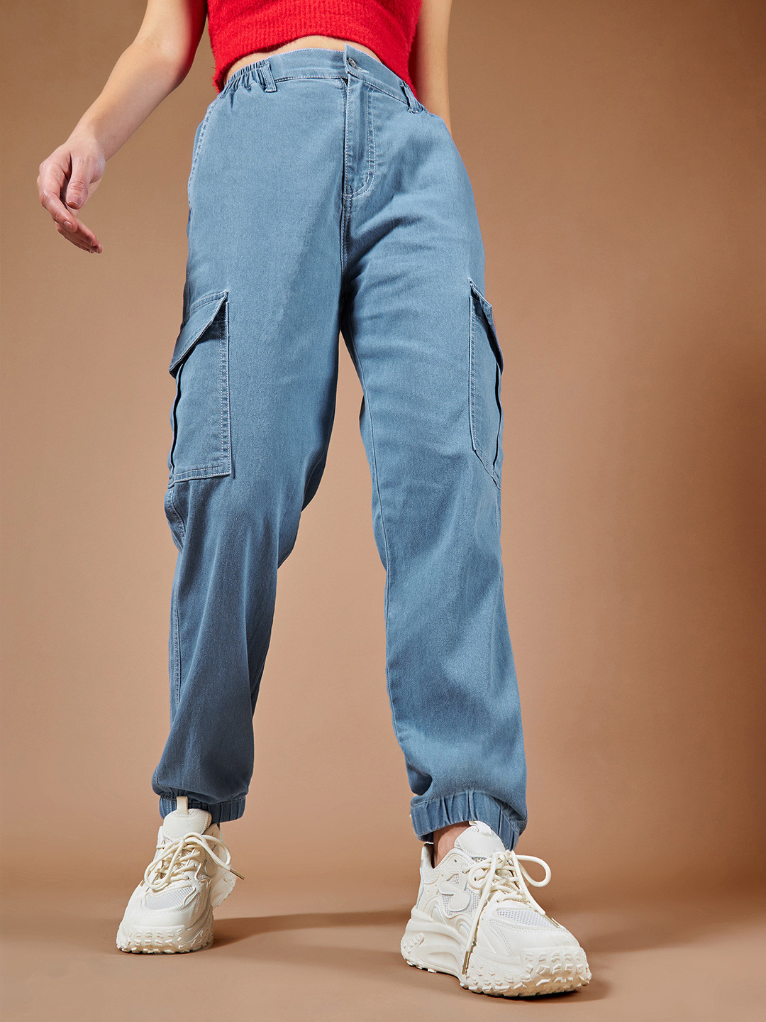 DOLCE CRUDO Women High-Rise High-Rise Clean Look Cooton Stretchable Cargo Jeans