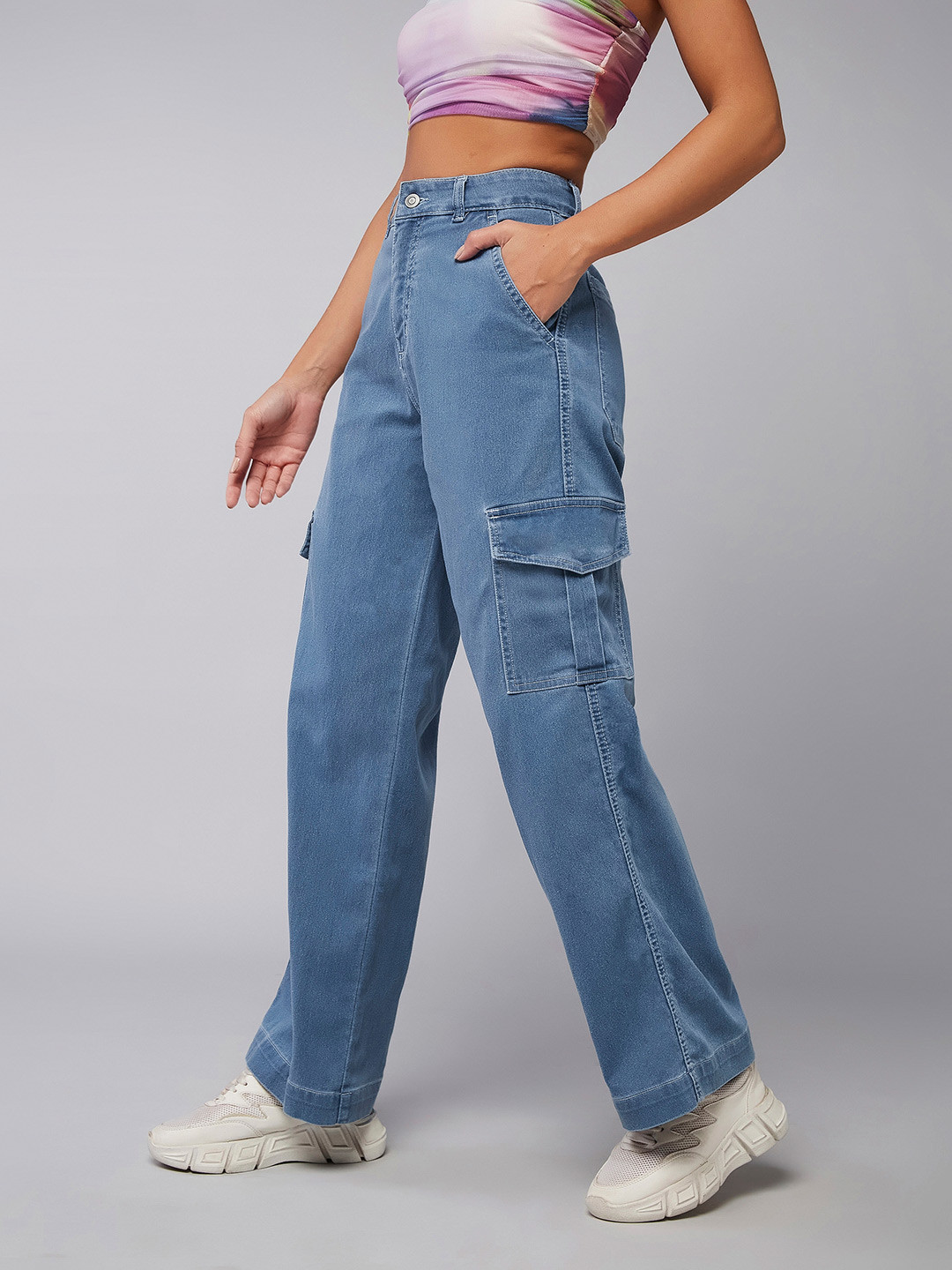 DOLCE CRUDO Raindrop Rhythm Women Blue Clean Look Wide Leg High-Rise Stretchable Jeans