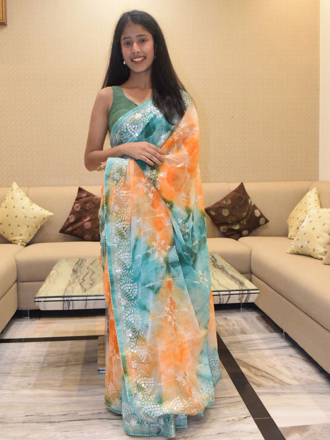 PRETTY PALLU Tie and Dye Embroidered Kota Saree