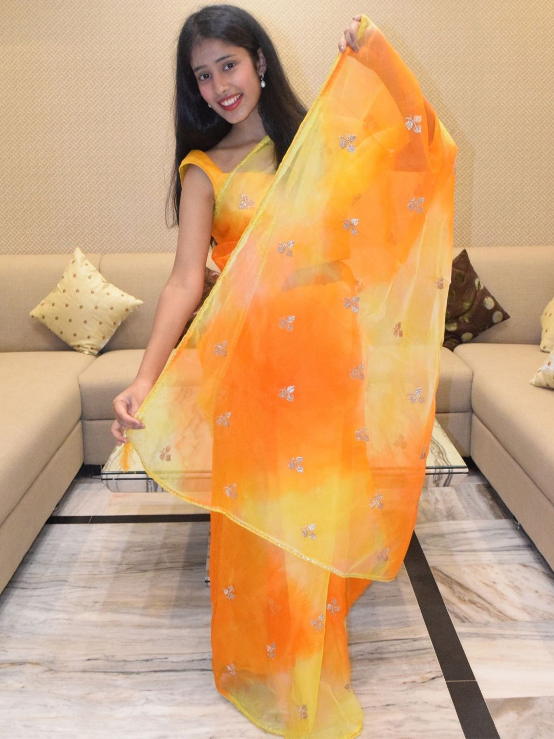 PRETTY PALLU Tie and Dye Embroidered Organza Kota Saree