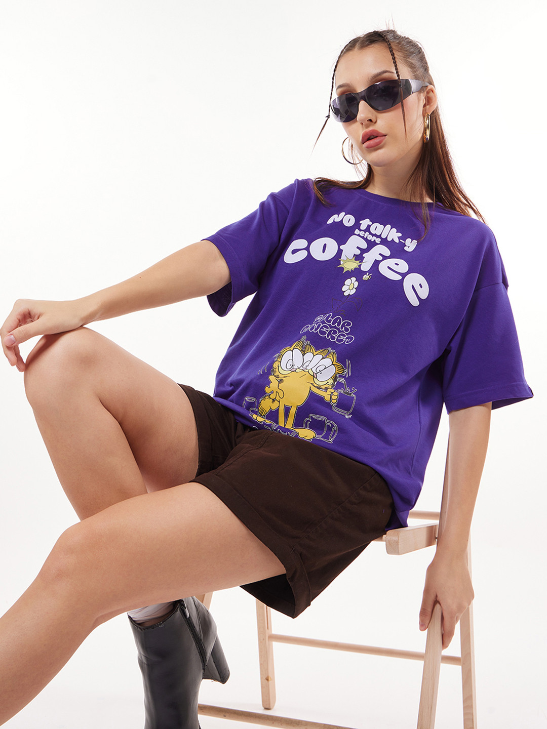 Bewakoof Heavy Duty 1.0 Women Blue Coffee Lover Graphic Printed Oversized T-shirt