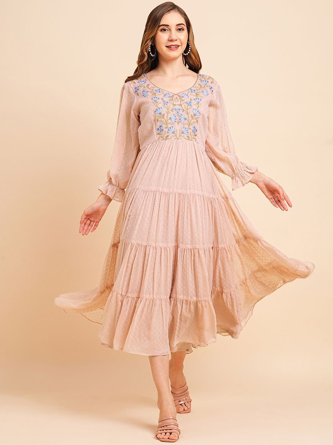 RATAN Self Design Puff Sleeves Embroidered Tiered Chiffon Midi Fit & Flare Dress