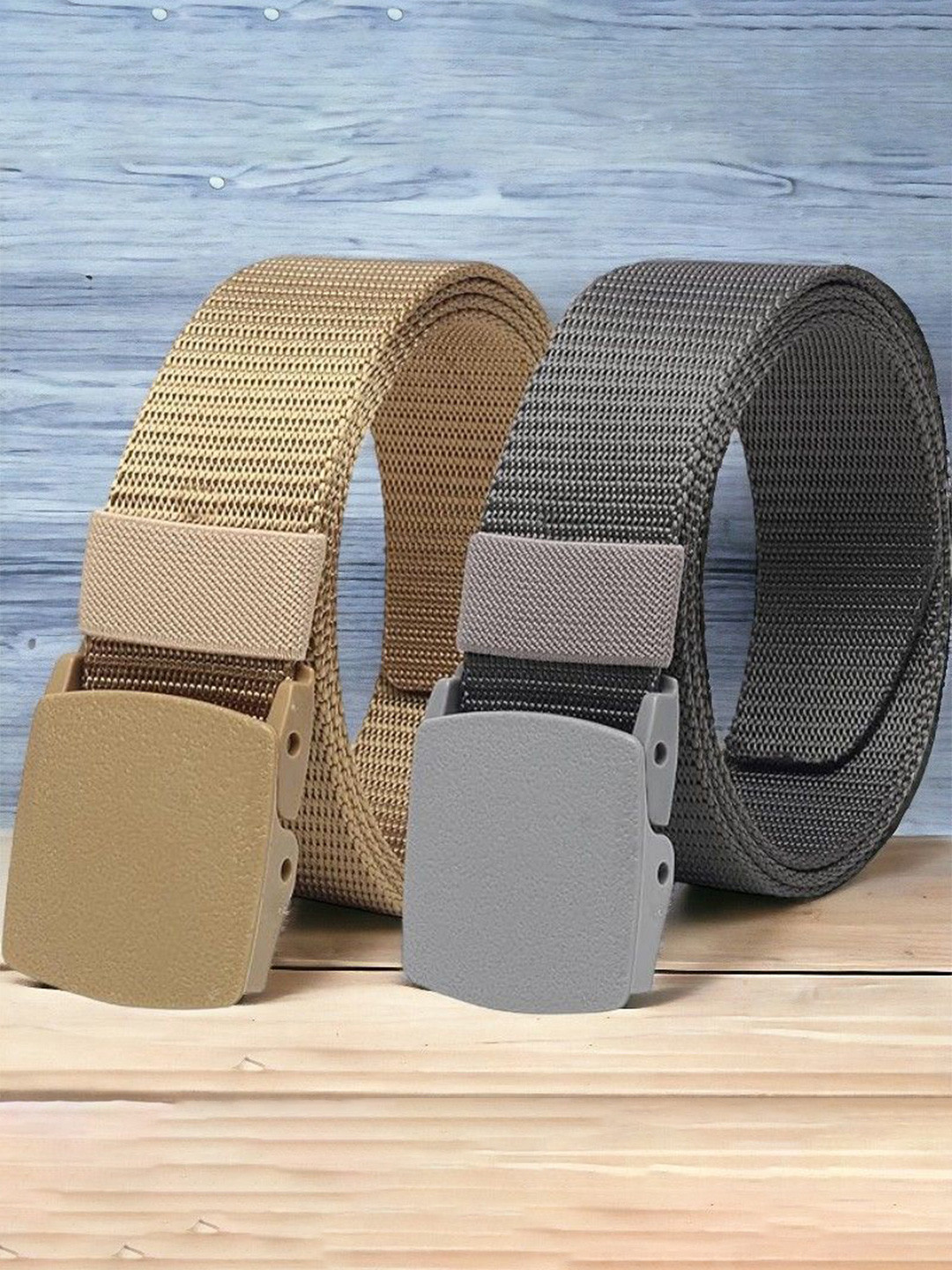 The Roadster Lifestyle Co. Men Beige & Grey Set Of 2 Textured Canvas Belts