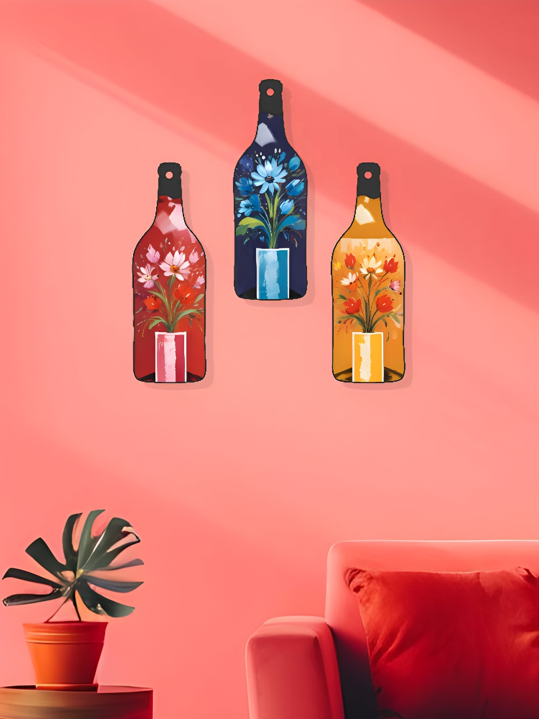 SAF Flower Vase Bottle Shaped MDF Matte Hanging Hall 3Pcs Floral Wall Decor-10.6In