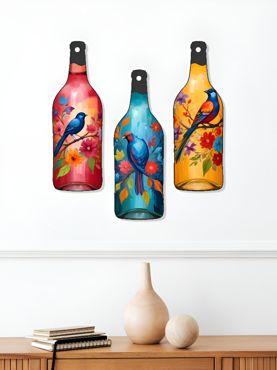 SAF Birds Theme Bottle Shaped MDF Floral Matte Hanging Hall 3Pcs Wall Hangings-10.6In