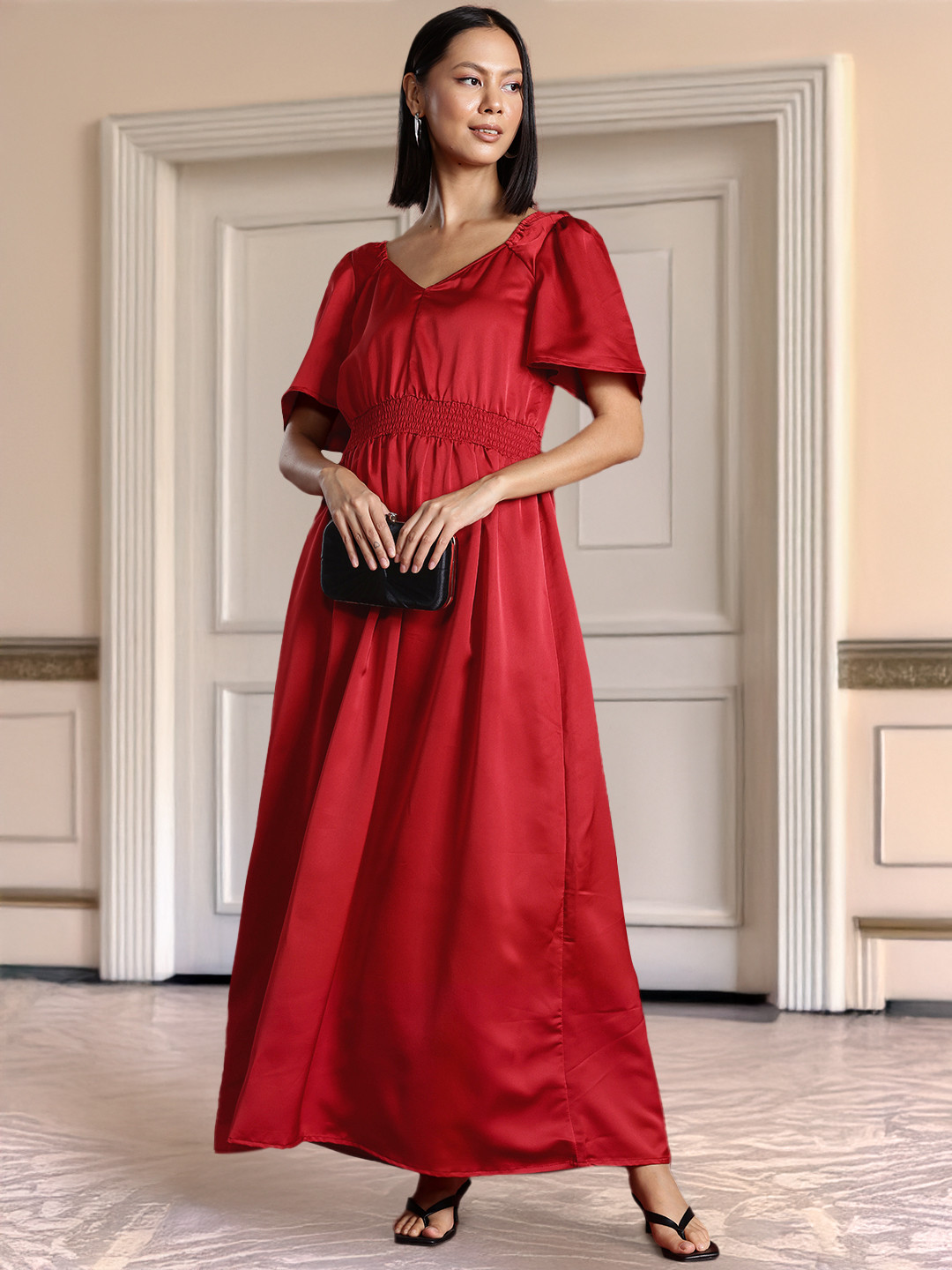 all about you Satin Finish Smocked Maxi Dress