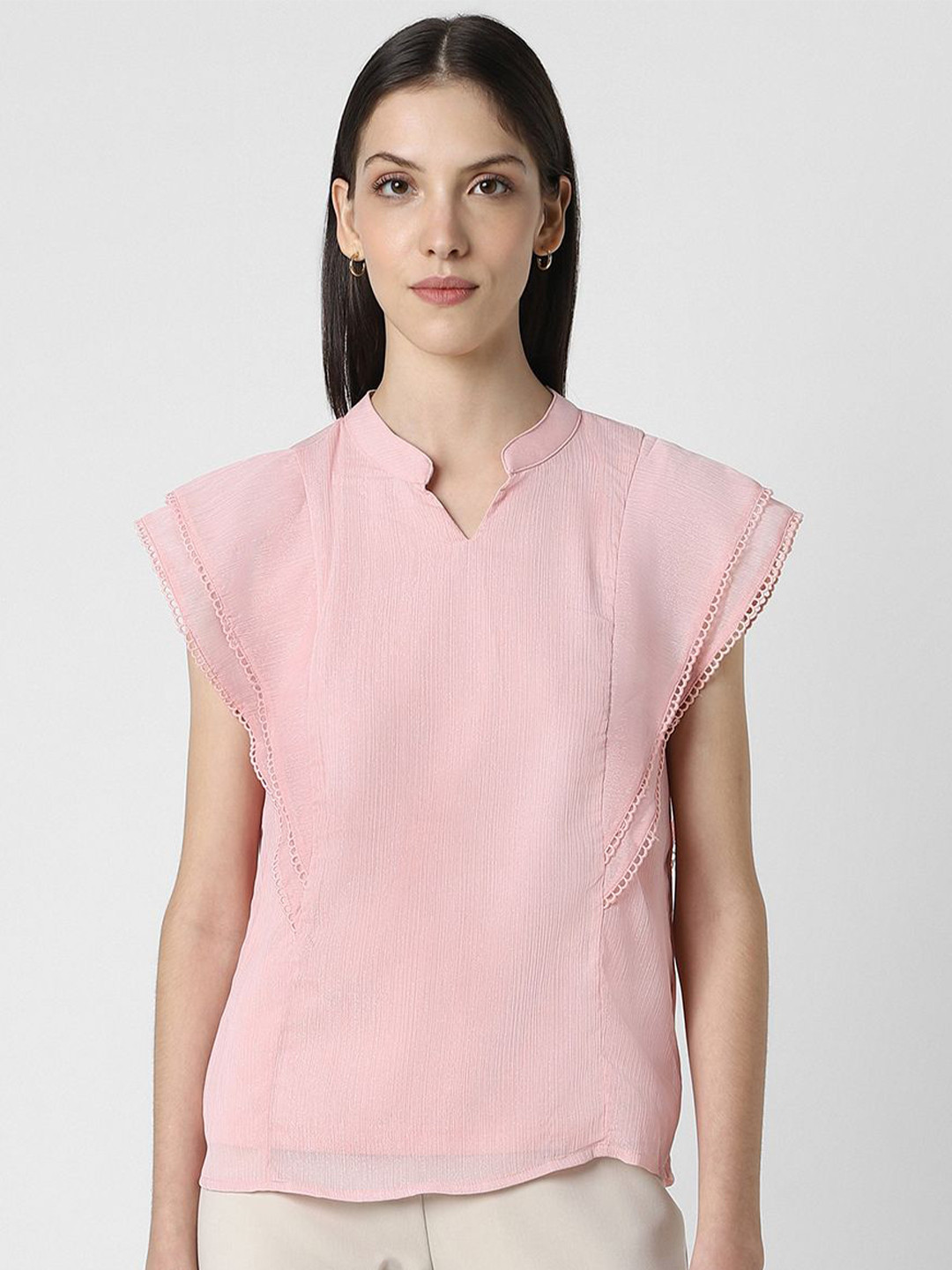 Van Heusen Woman Mandarin Collar Flutter Sleeves Top