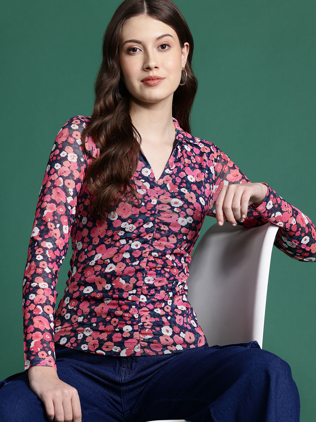 DressBerry Floral Print Ruched Long Sleeve Top