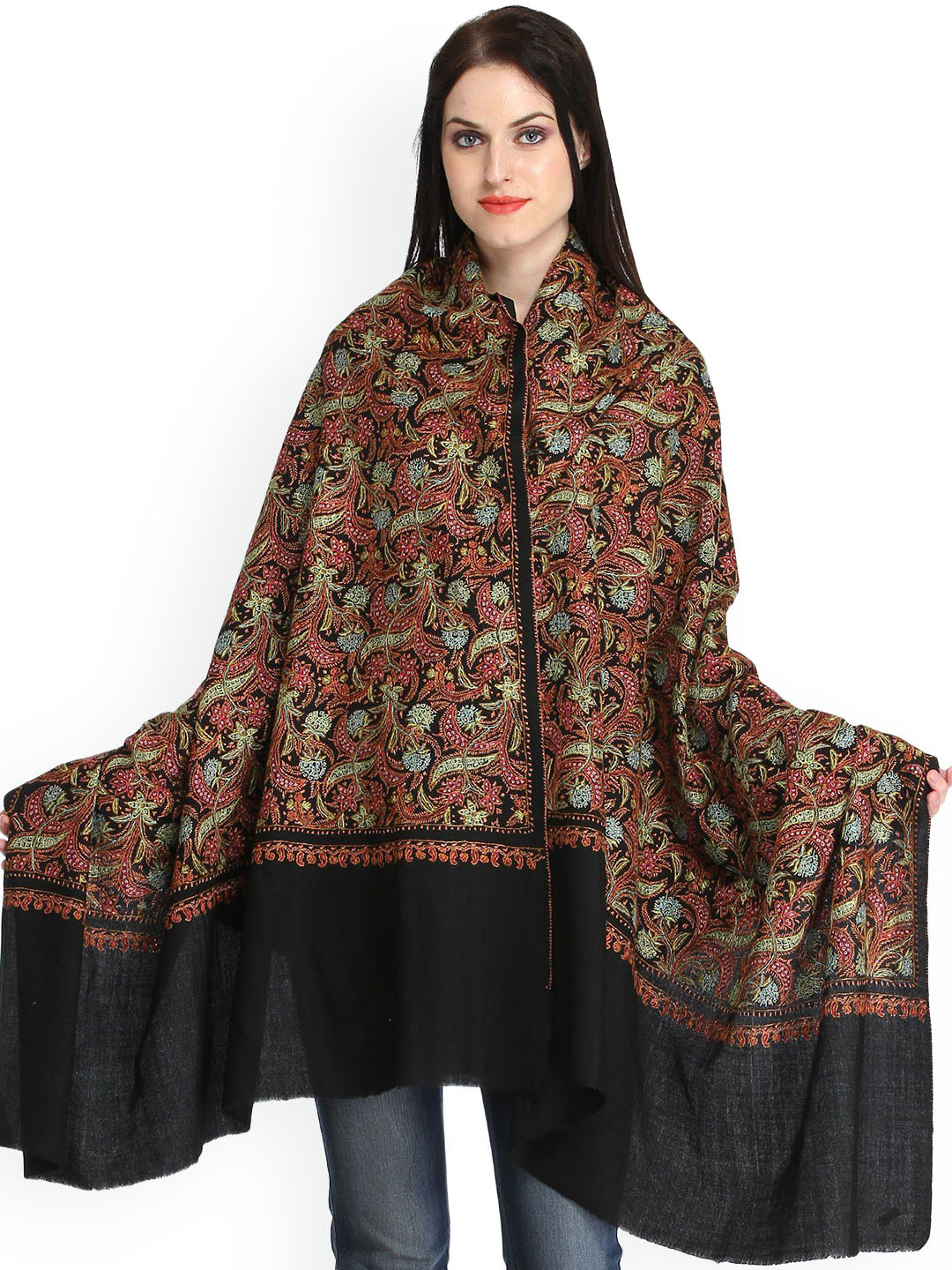 Exotic India Jet Black All-Over Needle Hand Embroidered Kashmiri Pure Tusha Shawl