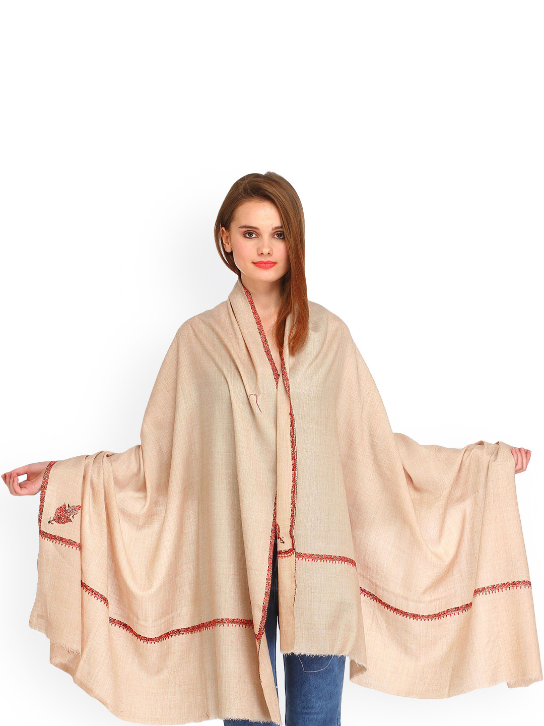 Exotic India Whitecap Gray Pure Wool Sozni Hand-Embroidered Border Kashmiri Kingri Shawl