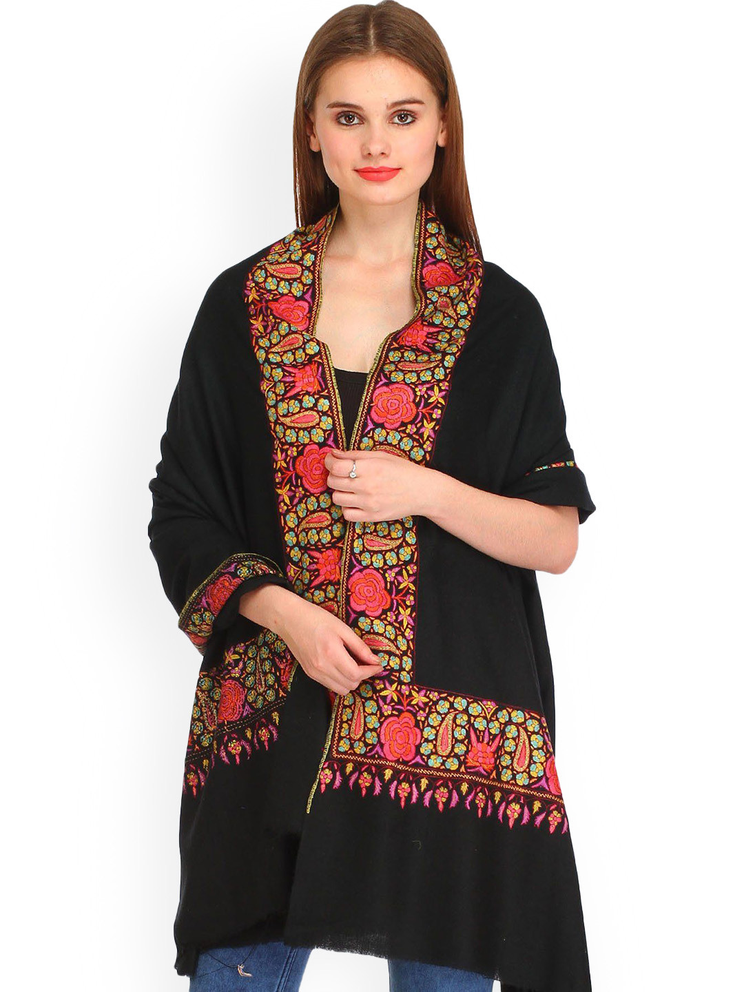 Exotic India Jet Black Papier Mache Hand-Embroidered Border Pure Pashmina Kashmiri Shawl